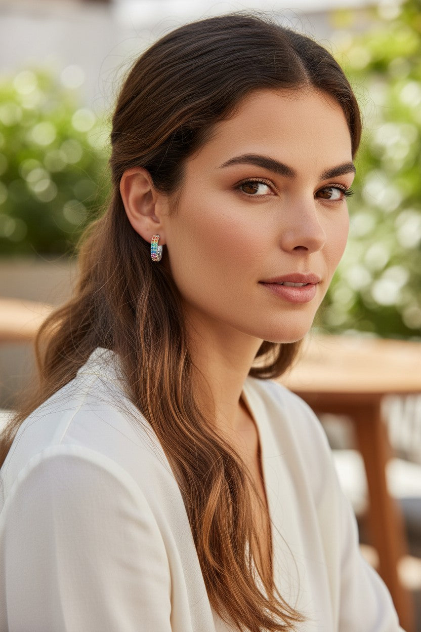 Hally Jewelry small multicolor hoop earrings in vibrant rainbow tones, crafted from sterling silver 925.