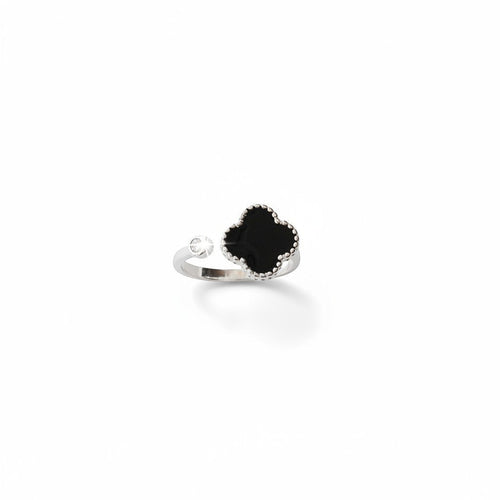 Hally Jewelry silver ring with black onyx four-leaf clover and cubic zirconia accent. Adjustable.